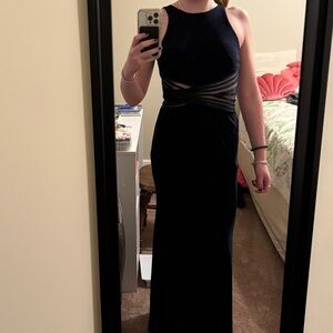 Navy Blue Mesh Cutout Sequin Floor Length Gown Open Back Dress